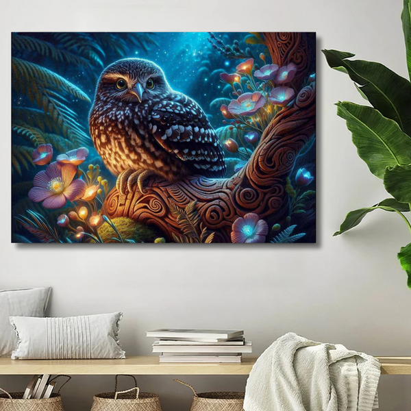 Expertly crafted, this stunning canvas art features a charming baby Ruru Morepork perched upon a meticulously carved tree branch. Bring a touch of nature and whimsy to your home decor with this high-quality piece.